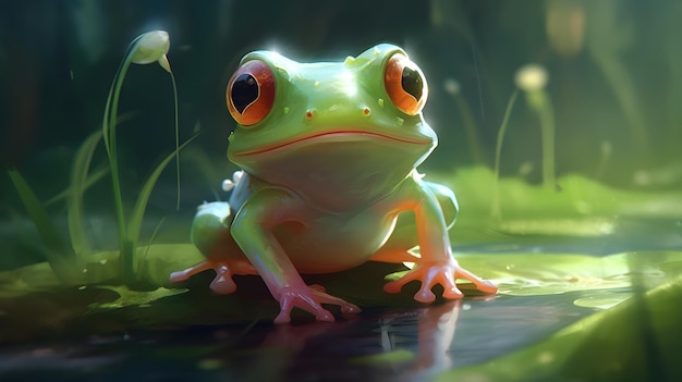 Cartoon-Frosch mit einem ha Regal Hochdetaillierte sanfte Beleuchtung Digitale Malerei Artstation generative KI