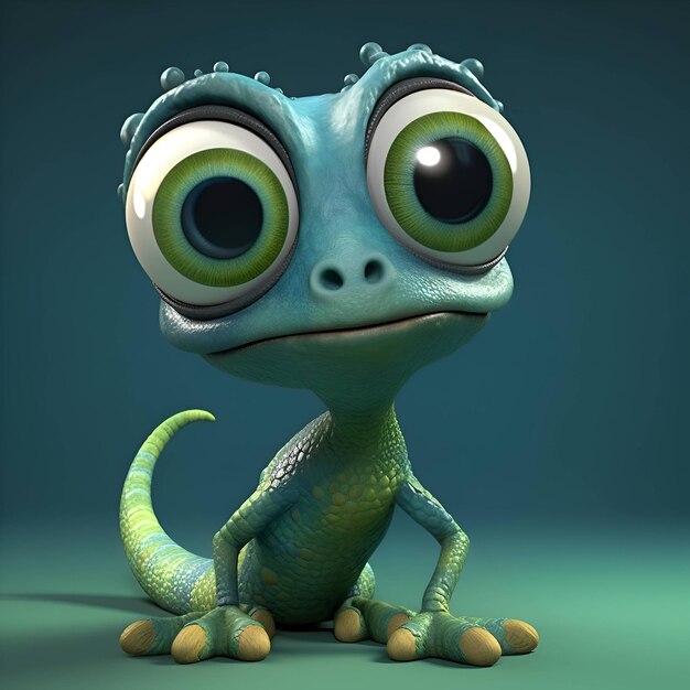 Cartoon-Frosch mit grünen Augen sitzt auf blauem Hintergrund, 3D-Illustration