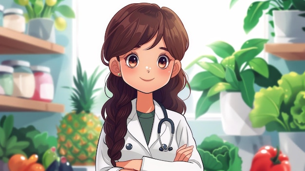Cartoon garota médico com estetoscópio no hospital