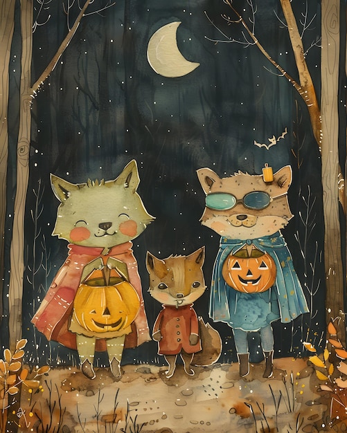 Cartoon-Gemälde von drei Tieren in Halloween-Kostümen am Mondlichtfenster