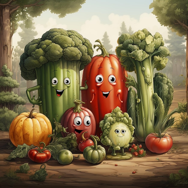 Cartoon-Gemüse-Gurken-Tomaten-Brokkoli