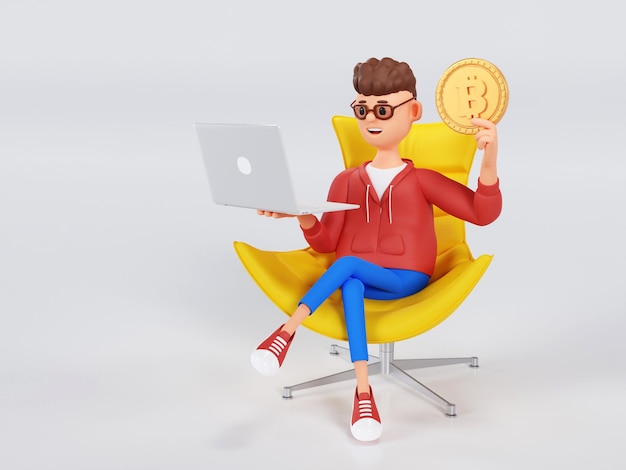 Foto cartoon-geschäftsmann sitzt auf einem stuhl mit einem laptop und einer hand, die eine bitcoin-münze 3d-illustration hält