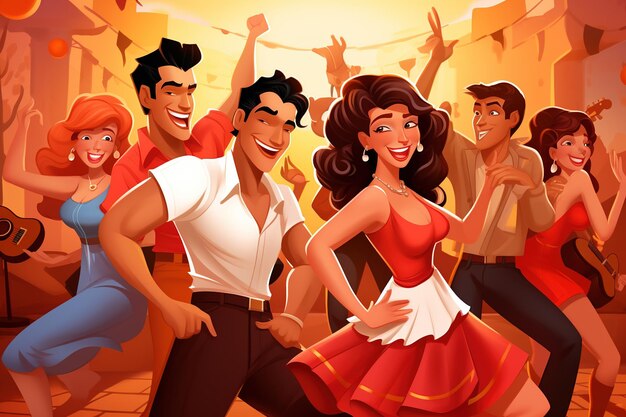 Cartoon-glückliche Tänzerin und Tänzer genießen Salsa Bachata Tango und Rumba Generative Ai