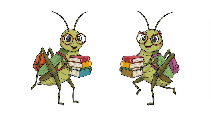 Foto cartoon grasshoppers indo para a escola dois bonitos gafanhotos usando óculos e mochilas ca