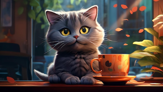 Foto cartoon graue katze trinkt kaffee aus einer tasse im freien