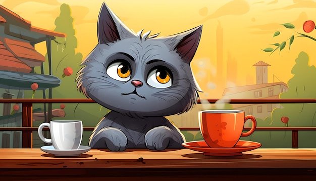 Foto cartoon graue katze trinkt kaffee aus einer tasse im freien