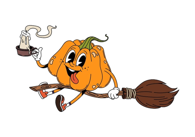 Cartoon groovy Halloween calabaza montando en una escoba