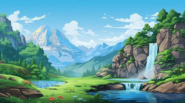 Cartoon grüne Landschaft Berge und Wasserfall