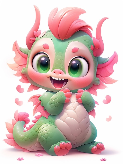 Cartoon-grüner und rosa Drache mit rosa Haaren und rosa Schwanz generativ ai