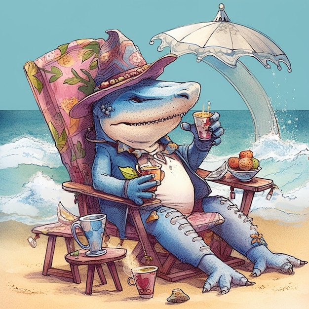 Cartoon-Hai sitzt auf einem Stuhl am Strand und trinkt generative KI
