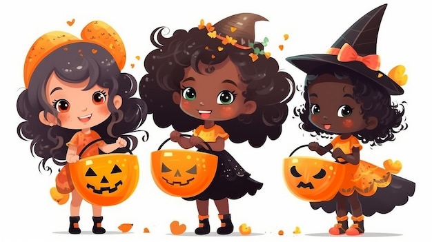 Cartoon-Halloween-Hexen für kleine Mädchen mit Süßigkeiteneimern wurden von der KI generiert