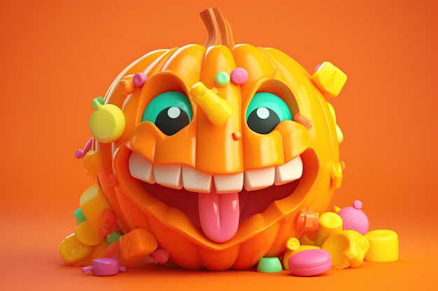 Cartoon-Halloween-Kürbis mit Süßigkeiten auf orangefarbenem Hintergrund