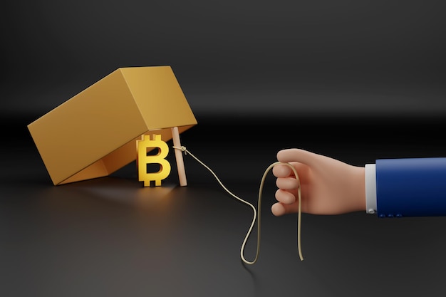 Cartoon-Hand, die das Seil einer Kastenfalle mit einem Bitcoin-Symbol als Köder in 3D-Illustration hält