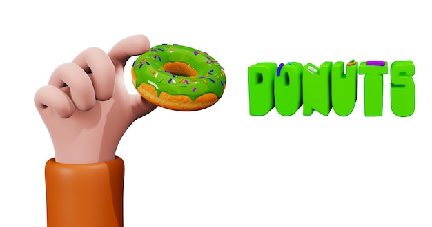 Cartoon-Hand hält einen Donut Das Konzept einer Bäckerei, eines Süßwarenladens oder eines Cafés 3D-Rendering