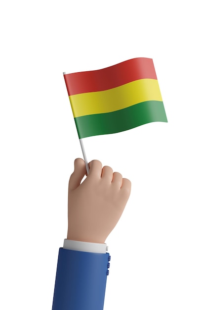 Cartoon-Hand mit der Flagge Boliviens 3D-Illustration