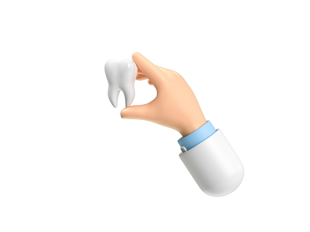 Cartoon-Hand mit einem Zahn-Clipart isoliert auf blauem Hintergrund 3D-Render