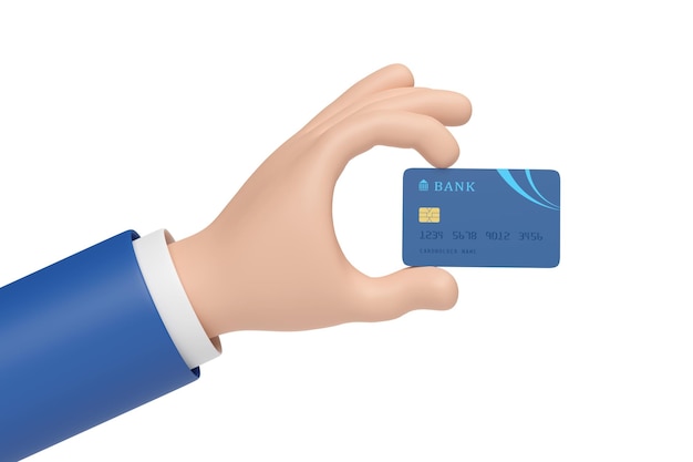 Cartoon-Hand mit Kreditkarte isoliert auf weißem Hintergrund 3D-Darstellung