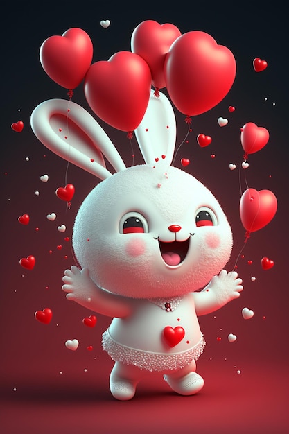 Cartoon-Hase mit einem Haufen roter Luftballons, generative KI