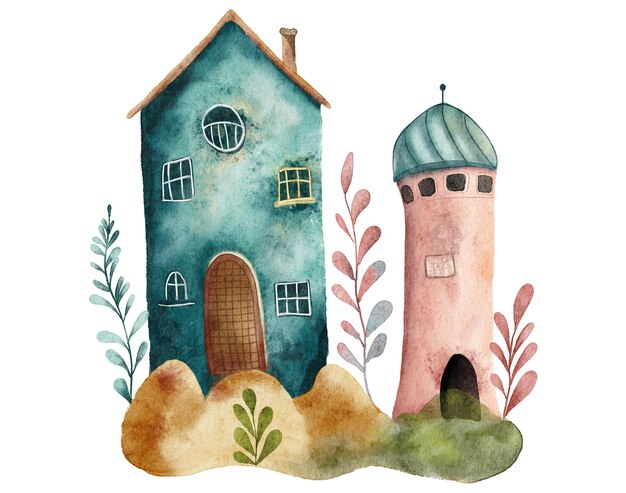 Foto cartoon-haus am meer schöne aquarell-illustration isoliert auf weißem hintergrund