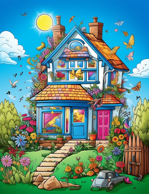 Cartoon-Haus mit Garten und Blumen im Hof, generative KI