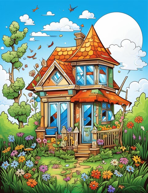 Cartoon-Haus mit Garten und Blumen im Hof, generative KI