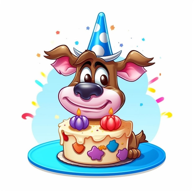 Cartoon-Hund mit Geburtstagskuchen auf dem Teller mit Konfetti und Party-Hut generativ ai