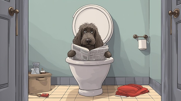 Foto cartoon-hund sitzt auf der toilette und liest eine zeitung im badezimmer. generative ki