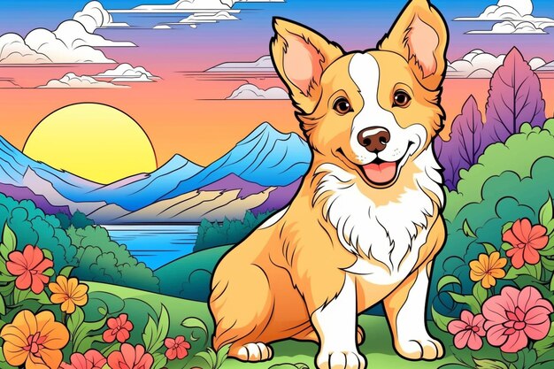 Cartoon-Hund sitzt im Gras mit Bergen und Blumen im Hintergrund, generative KI