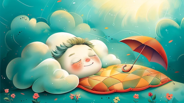 Cartoon-Illustration, anthropomorphe Nahaufnahme, eine mollige Wolke schläft, bedeckt mit einer niedlichen Decke, die einen Regenschirm hält