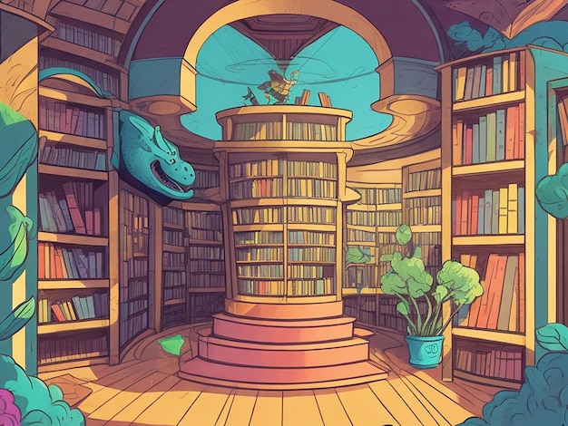 Cartoon-Illustration der Buchbibliothek