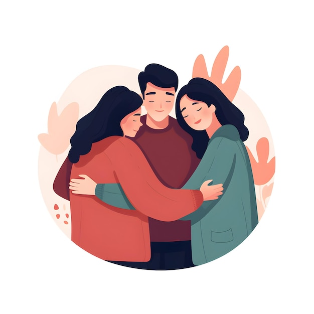 Foto cartoon-illustration einer familie, die sich umarmt, konzept des world hug day