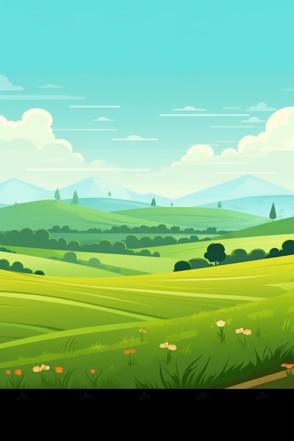 Cartoon-Illustration einer grünen Landschaft mit Hügeln und Blumen generativ ai