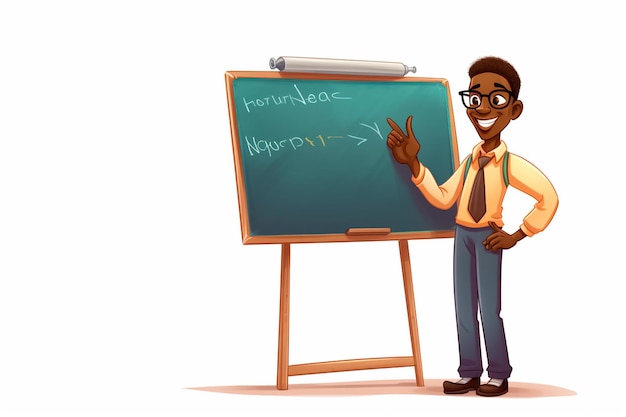 Cartoon-Illustration eines afrikanischen Lehrers, der glücklich neben der Tafel in einem Klassenzimmer steht