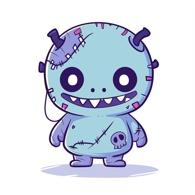 Cartoon-Illustration eines blauen Monsters mit einem Schädel auf dem Kopf