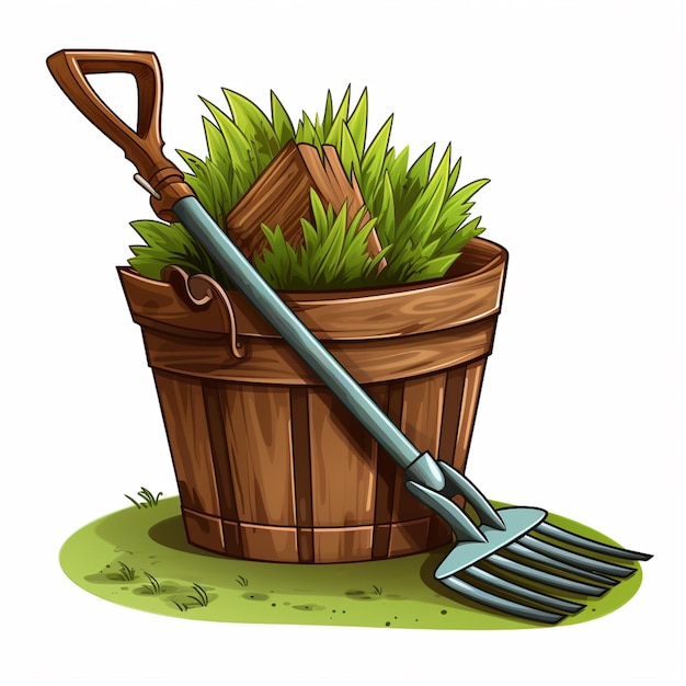 Cartoon-Illustration eines Eimers mit einem Rechen und einer Holzkiste mit generativer Gras-KI