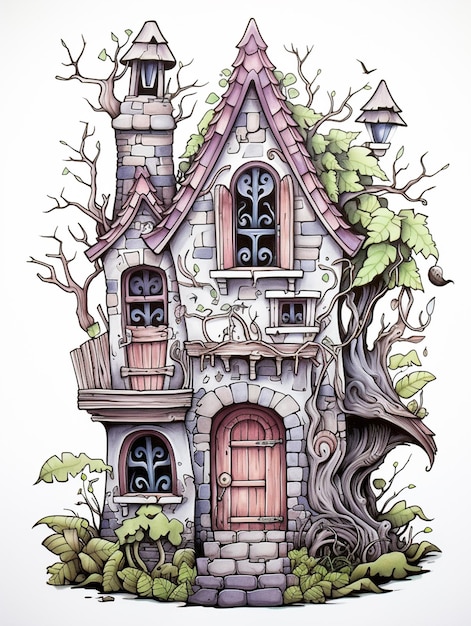 Cartoon-Illustration eines Feenhauses mit einem Baum und einem Vogelhaus, generative KI