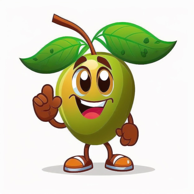 Cartoon-Illustration eines grünen Apfels mit einem glücklichen Gesicht und einem Blatt auf dem Kopf, generative KI
