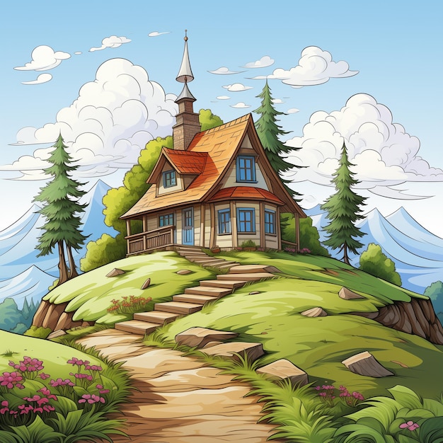 Cartoon-Illustration eines Hauses auf einem Hügel mit einem Kirchturm generativ ai