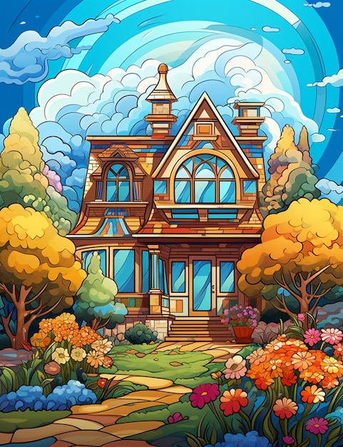Cartoon-Illustration eines Hauses im Wald mit einer generativen Weg-KI