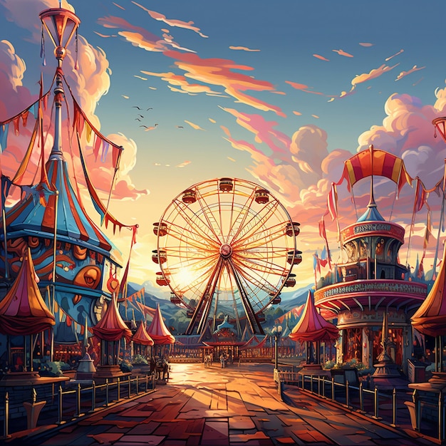 Cartoon-Illustration eines Karnevals mit einem Riesenrad im Hintergrund