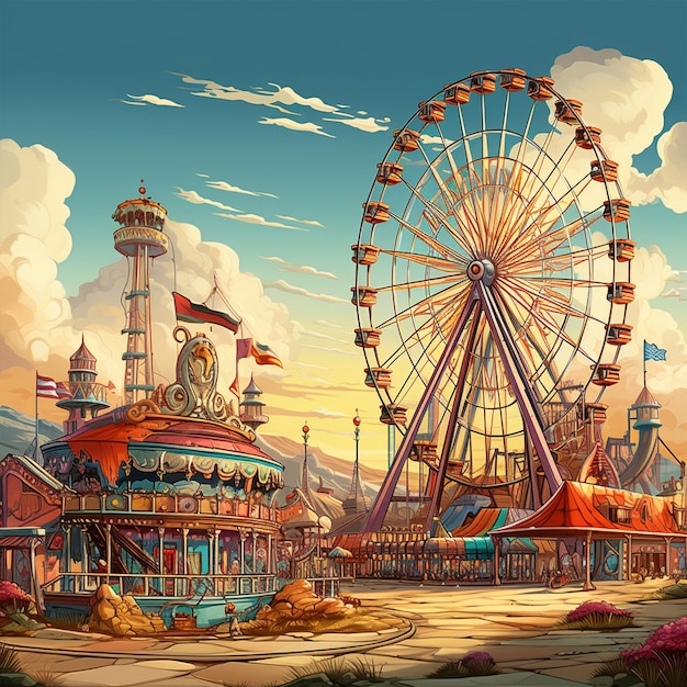 Cartoon-Illustration eines Karnevals mit einem Riesenrad im Hintergrund