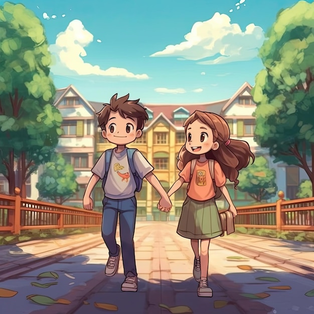 Cartoon-Illustration eines Kinderpaares, das Händchen hält, um einen niedlichen Cartoon zur Schule zu bringen