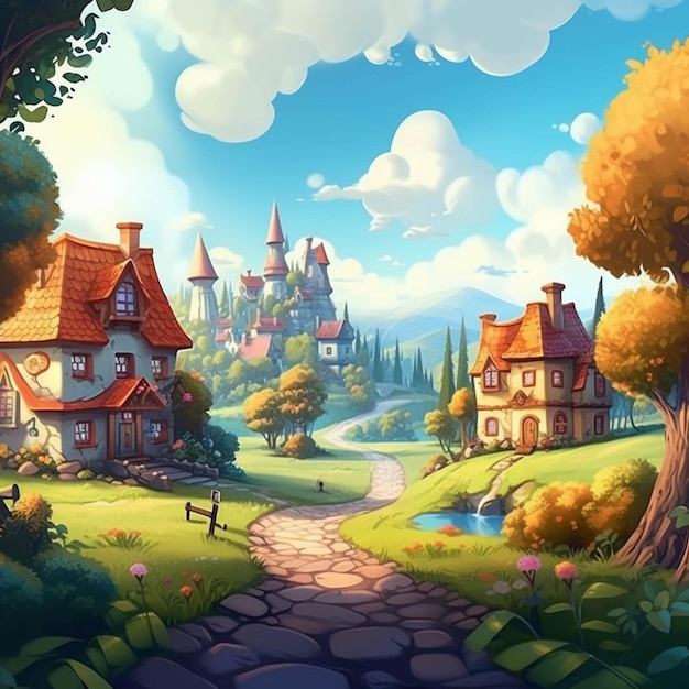 Cartoon-Illustration eines kleinen Dorfes mit einem Weg, der zu einer Burg führt, generative KI