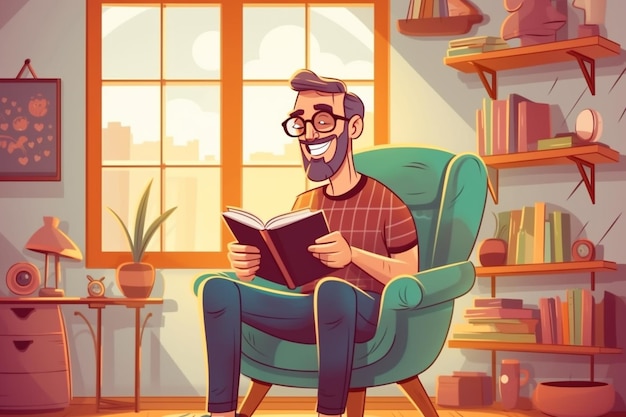 Cartoon-Illustration eines Mannes, der auf einem Stuhl sitzt und ein Buch liest, generative KI