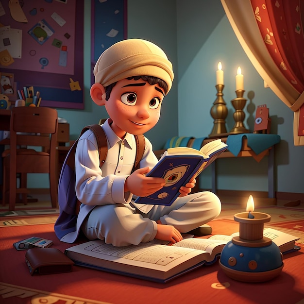 Foto cartoon-illustration eines muslimischen jungen, der den koran liest