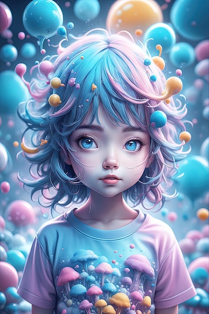 Cartoon-Illustration eines süßen Mädchens mit bunter Fantasie und buntem Fantasy-Digitalhintergrund fa