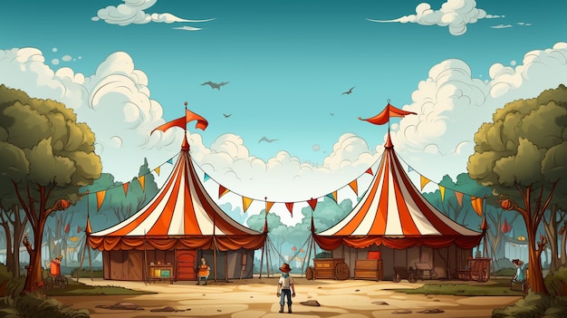 Cartoon-Illustration eines Zirkuszeltes mit einem Mann, der davor steht, generative KI