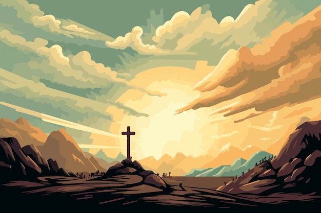 Cartoon-Illustration himmlisches Licht und Wolken enthüllen das Heilige Kreuz über dem Golgatha-Hügel