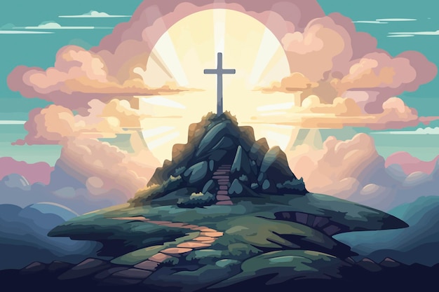 Cartoon-Illustration himmlisches Licht und Wolken enthüllen das Heilige Kreuz über dem Golgatha-Hügel