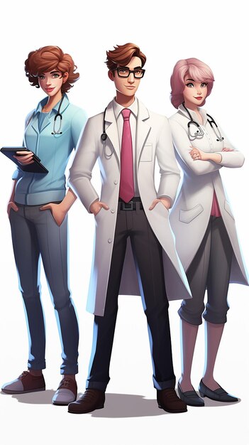 Foto cartoon-illustration medizinische praktikantenteam auf weißem hintergrund